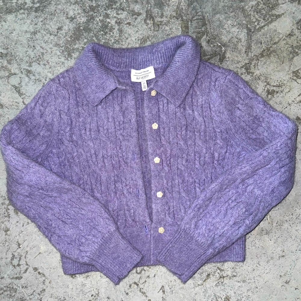 & Other Stories Purple Collared Cable Knit Cardigan Sweater, Alpaca Wool